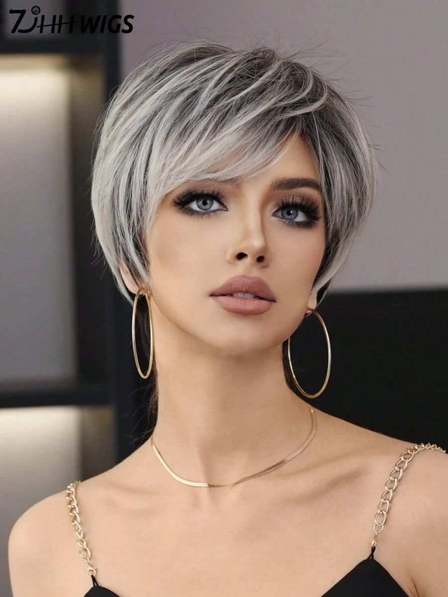 7JHH WIGS 10 Inch Platinum Blonde Pixie Cut Wig Elegant Extra Short Layered Wig With Bangs Mixed Black Highlight Hair, Heat Resistant Synthetic Fiber Hair Wig For Daily Wear, Music Festivals Celebrations Use. Anime Or Costume Cosplay Use Wig Accessories - 挑染金色 - 查看 1
