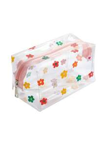 1pc Transparent PVC Pencil Case, Large Capacity Multi-Purpose Bag, Colorful Floral Design, Portable Zipper Storage Pouch For Makeup, Stationery & Accessories,Pencil Pouch,School Bag