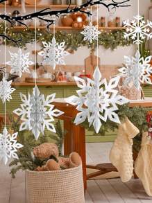 6pcs Christmas Theme Hollow Out Folded Snow & 3d Flower Shaped Pendant, Wedding Decorations - White - View 3