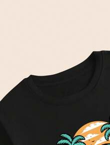 Cotton T-Shirt Artistic Style Landscapes Beach Breathable Blouse Summer Elegant - màu đen - Xem 2