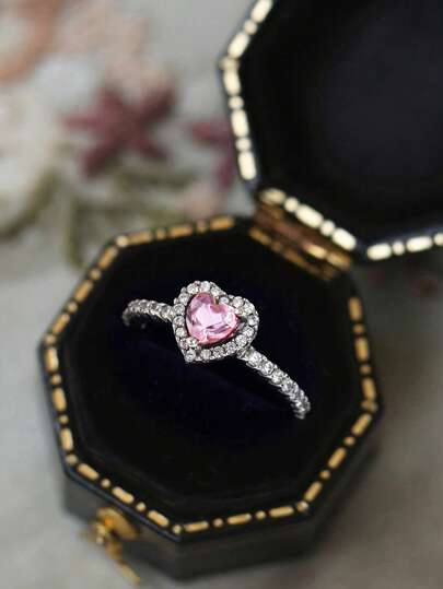 Stylever 1 pieza Anillo de zirconia con corazón vintage y colorido, joyería de plata de ley 925, anillo de promesa encantador, regalo de joyería elegante, adecuado para uso diario de niñas, decoración para citas, uso en el Día de San Valentín