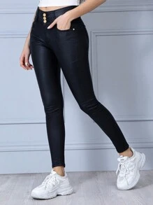 Leggins de con Cintura Alta Moldeador con Efecto Push Up Levanta Glúteos, Pantalones Pegados de Vinipiel - Negro V3035 - Ver 3