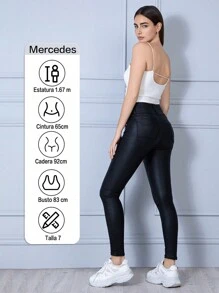 Leggins de con Cintura Alta Moldeador con Efecto Push Up Levanta Glúteos, Pantalones Pegados de Vinipiel - Negro V3035 - Ver 2