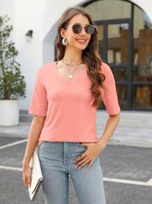 OUTBALL Fashion Solid Color Women Summer Casual Top Office Blouse - Màu Hồng  San hô - Xem 4