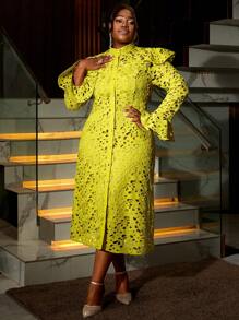 Plus Size Lace Two Pieces Set Long Flare Sleeves Coat With Spaghetti Strap Dress Elegant, Party Dress, Wedding Guest Cocktail Dress - Green - View 6