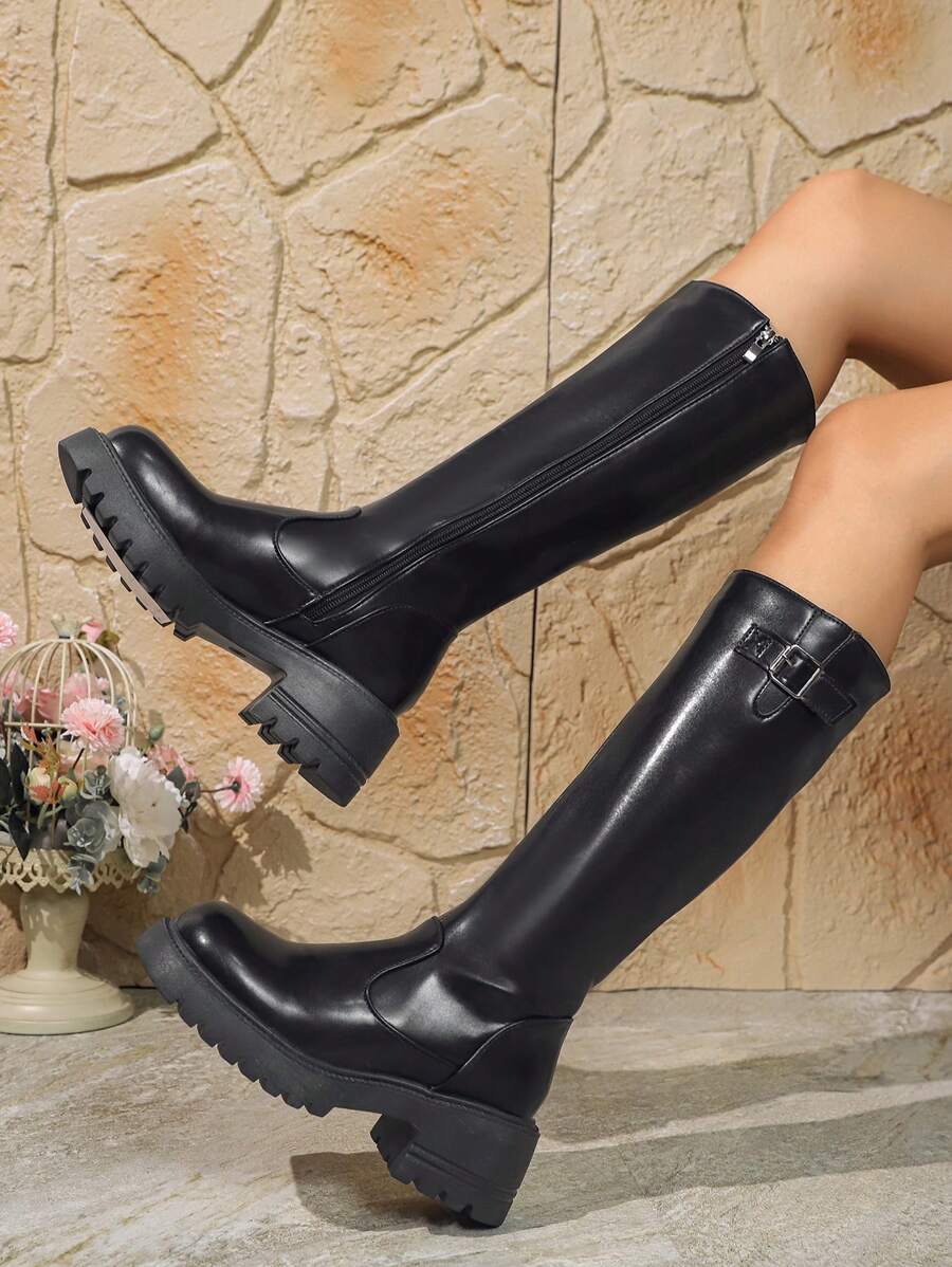 女式过膝粗跟尖头高筒马靴，2024 年新款 - 黑色 - 查看 1