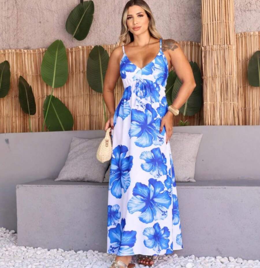 Vestido Longo Estampado Moda Verao 2025 - Azul - Visão 1