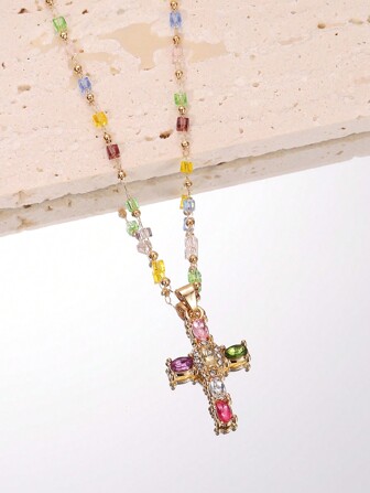 1 件彩色方块水晶吊坠项链，独特设计，闪亮锆石，精致项链款式，适合女士