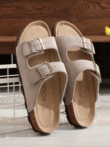 Comfort Double Buckle Women's Slide Sandals, Soft Cork Footbed Casual Slides For Men And Women, Summer Outdoor Beach Shoes With Arch Support - 棕色 - 查看 1