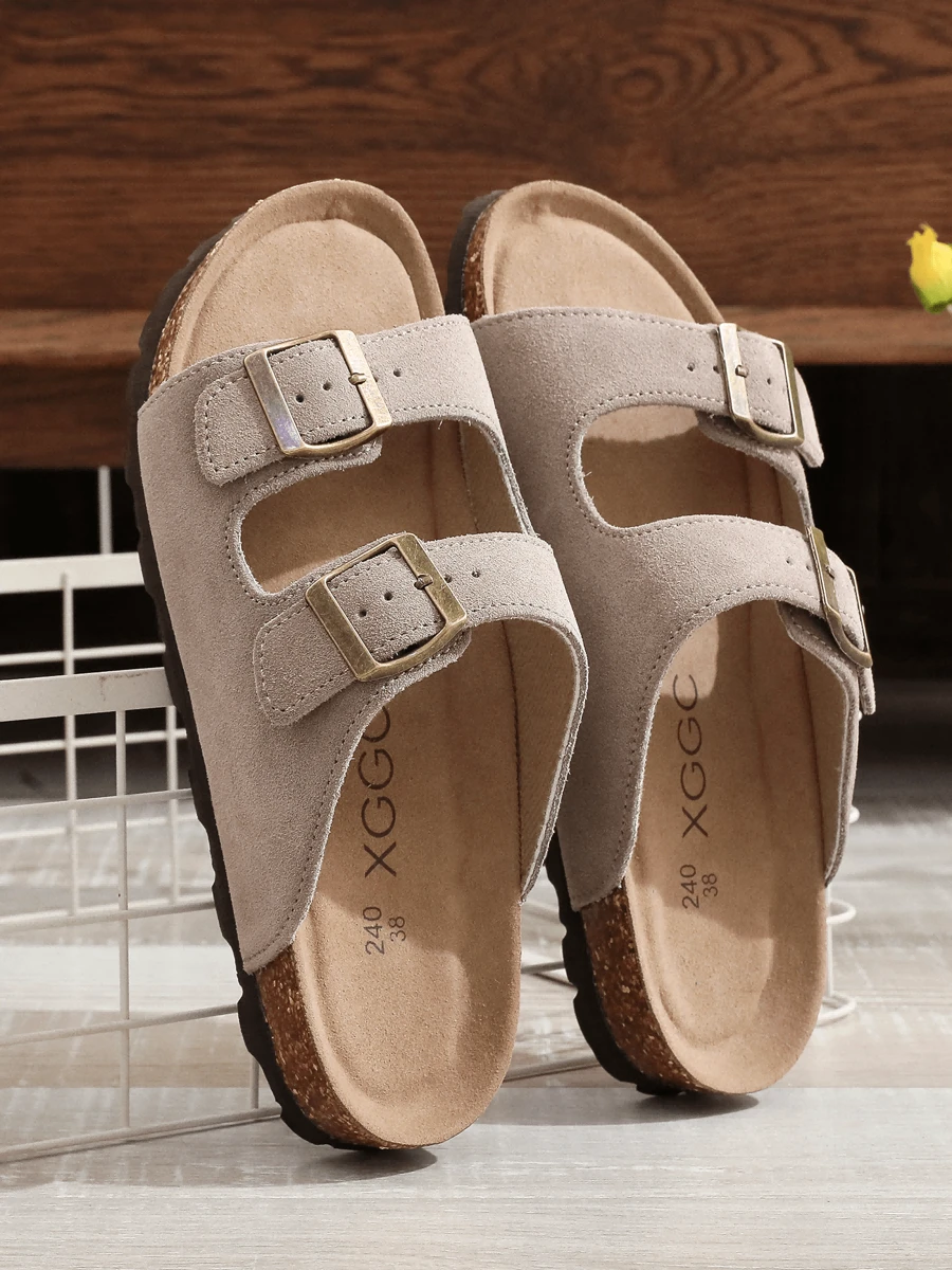 Comfort Double Buckle Women's Slide Sandals, Soft Cork Footbed Casual Slides For Men And Women, Summer Outdoor Beach Shoes With Arch Support - 棕色 - 查看 1
