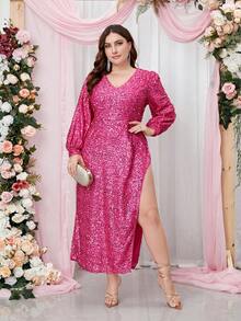 Elegant Plus Size V-Neck Sequin Mesh Splice Long Sleeve Dress, For Concert, Formal Occasions - Hot Pink - View 5