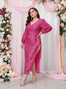 Elegant Plus Size V-Neck Sequin Mesh Splice Long Sleeve Dress, For Concert, Formal Occasions - Hot Pink - View 6
