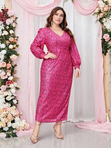 Elegant Plus Size V-Neck Sequin Mesh Splice Long Sleeve Dress, For Concert, Formal Occasions - Hot Pink - View 2