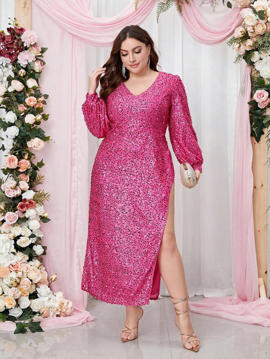 Elegant Plus Size V-Neck Sequin Mesh Splice Long Sleeve Dress, For Concert, Formal Occasions - Hot Pink - View 1