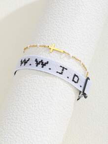 1 Pair WWJD What Will Jesus Do Letter Jacquard Knit Wristband Bracelet & Cross Decor Bohemian Beaded Bracelet Inspirational Christian Jewelry Set For Women Men For Daily Wearing