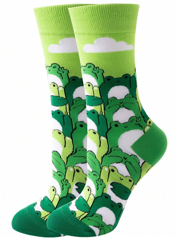 1 Pair Women Green Frog Design Socks, Cute Student Casual Wear For Daily Use