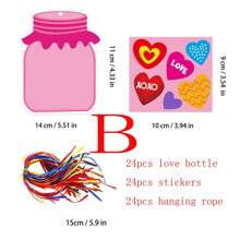 72件/套情人节彩色心形漂流瓶DIY贴纸装饰卡套装（24张卡片+24张贴纸+24条挂绳），愿望表白礼物，节日装饰卡套装 - 彩色 - 查看 3