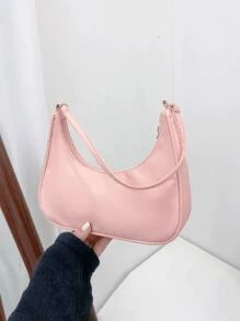 1pc Kids Nylon Basic Shoulder Bag, Minimalist Sling Bag, Solid Color Zipper Underarm Bag, Crossbody Bag Suitable For College Students/Girls/Teenagers, Holiday/Vacation, University/College Classroom - Pink - View 13