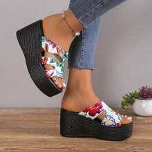 女士防水厚底坡跟凉鞋，时尚新款春夏海滩度假休闲拖鞋，舒适厚底 - 玫瑰紅 - 查看 3