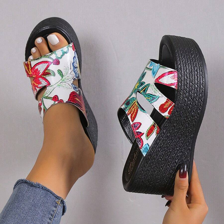 女士防水厚底坡跟凉鞋，时尚新款春夏海滩度假休闲拖鞋，舒适厚底 - 玫瑰紅 - 查看 1