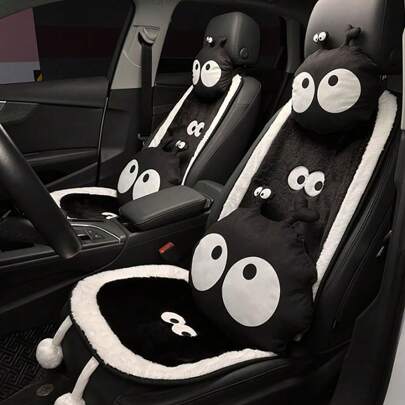 1pc Plush Car Seat Cushion With Big Eyes Design, Black Color, Warm, Anti-Slip, Comfortable Car Seat Cover, Also Suitable As Chair Cushion