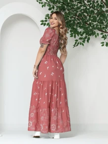 Women's Long Dress With Short Sleeves And Print - Rusty Rose - View 2