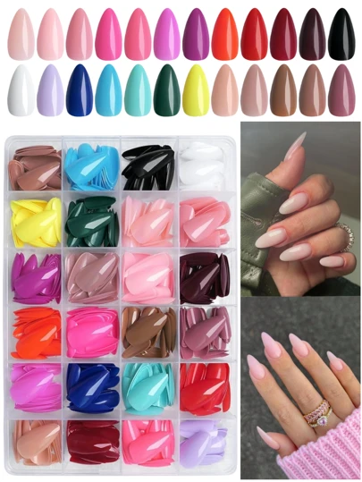 576 Móng tay giả màu hạnh nhân cỡ trung, 24 Móng tay giả Acrylic bóng màu trơn, Móng tay giả để trang trí nghệ thuật làm móng, Phụ kiện làm móng tự làm
