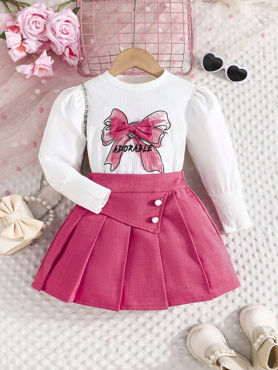 Young Girls Spring/Autumn Long Sleeve Round Neck Bowknot Butterfly Print T-Shirt + Solid Color Button Decorated Short Pleated Skirt Casual 2-Piece Outfit