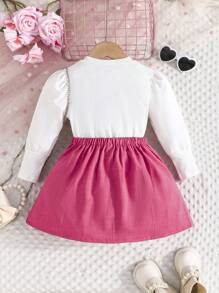 Young Girls Spring/Autumn Long Sleeve Round Neck Bowknot Butterfly Print T-Shirt + Solid Color Button Decorated Short Pleated Skirt Casual 2-Piece Outfit