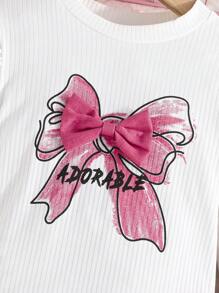 Young Girls Spring/Autumn Long Sleeve Round Neck Bowknot Butterfly Print T-Shirt + Solid Color Button Decorated Short Pleated Skirt Casual 2-Piece Outfit