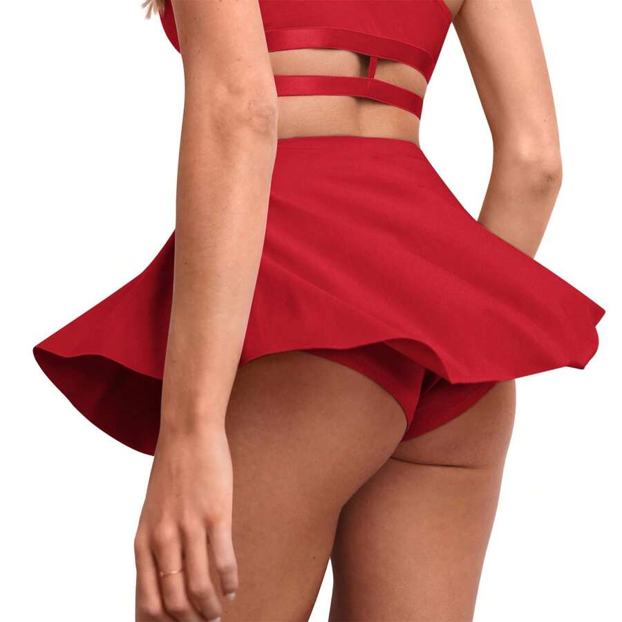 Flowy Mini Skirt With Shorts Underneath Gym Yoga Workout Dance Tennis Short Skirts Sexy Outfit For Women - 紅色 - 查看 1