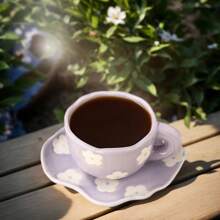 Joivida 1 Juego de taza y platillo de cerámica artesanal con diseño de flor, taza con flores moradas pintadas a mano en estilo Ins, adecuada para café, leche, té floral, regalo de cumpleaños/Día de San Valentín para pareja/madre, apropiada para hogar, oficina, picnic, camping, 220ml/7.4oz, decoración de mesa Rama, decoración refrescante de primavera/verano, suministros de alta gama para cafetería, regalo de inauguración de casa