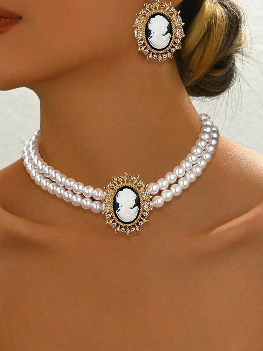 Double-Layer Retro Elegant Fully Rhinestone Faux Pearl Choker - Multicolor - View 1