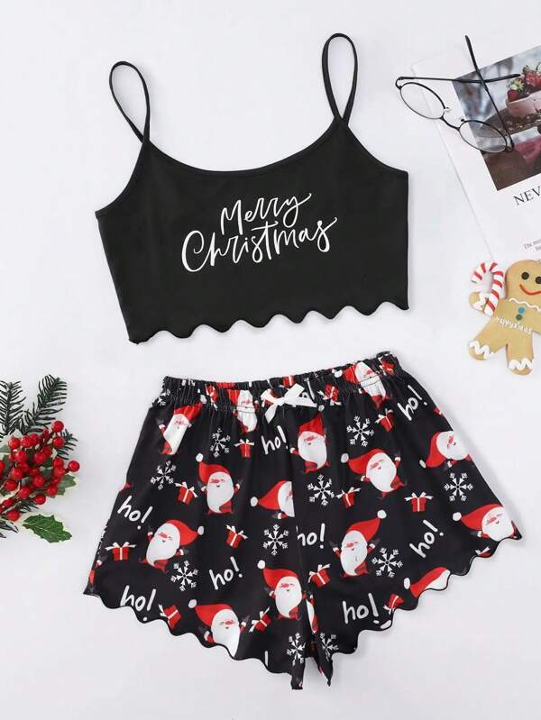 2pcs Women Christmas Lingerie Set, Spaghetti Strap Camisole And Shorts, Casual Pajamas, New Thin Style, European & American Style