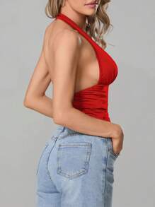 Women Crop Tank Tops Solid Color/Leopard Print Halter Neck Deep V-Neck Backless Casual Vests Summer Sleeveless Tops - Red - View 7