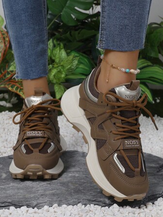 Women's New Fashion Leather Patchwork Contrast Color Sneakers, Mesh Breathable Non-Slip Durable Thick Sole Platform Casual Sports Outdoor Running Shoes For Students