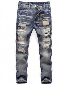 Men's Fashionable Ripped Jeans With Pockets, Emo Style - Navy Blue - View 1