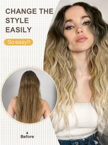 V-Shaped Clip In Hair Extensions Ombre Color 24-26 Inch Long Natural Wave Wavy Synthetic Hairpiece For Women - Multicolor - View 8