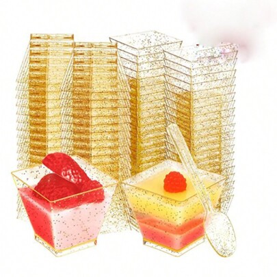 100 piezas (50 tazas + 50 cucharas) Set de tazas cuadradas para postres de 2 oz con cucharas, tazas de mousse de plástico transparente PS de 60 ml de tamaño mini, tazas de budín