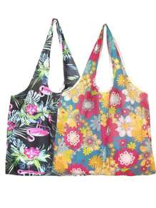 2 件可重复使用的购物袋，带手柄的可折叠手提袋，防水大容量购物袋，适用于旅行野餐露营户外、家居必需品 - 彩色 - 查看 16