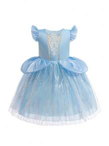 Young Girls Blue Cap Sleeve Fantasy Princess Dress For Costume Party