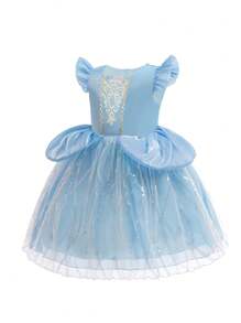 Young Girls Blue Cap Sleeve Fantasy Princess Dress For Costume Party