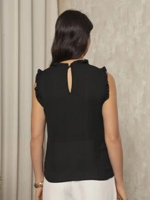 Tank Top With Soft Ruffle On The Collar And Sleeve With Pleated Button In Crepe Fabric - Elegant, Chic, Versatile, Blogger, Blouse, Feminine. - 黑色 - 查看 3