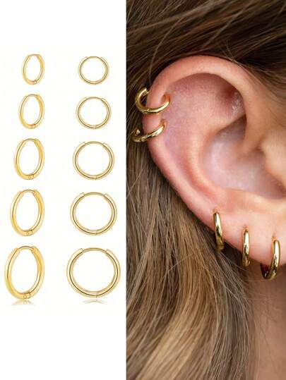5 pares de brincos de argola Huggie para mulheres, aço inoxidável banhado a ouro 14K Leve: brincos de argola pequenos e finos com dobradiça hipoalergênicos para lóbulo, cartilagem, hélice, vários piercings