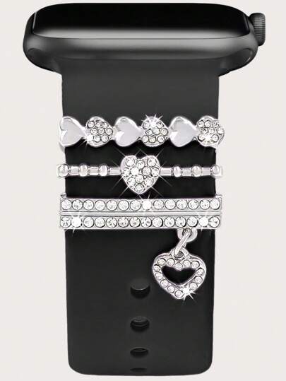 3件套金属吊坠装饰戒指表带吊坠心形钻石水钻饰品智能手表硅胶表带配件手链（不含手表和表带）兼容 Series Ultra/SE/11/10/9/8/7/6/5/4/3/2/1，兼容三星Galaxy Watch 7 Band/FE 6 5 4 40mm 44mm，Galaxy Active 2，兼容华为荣耀