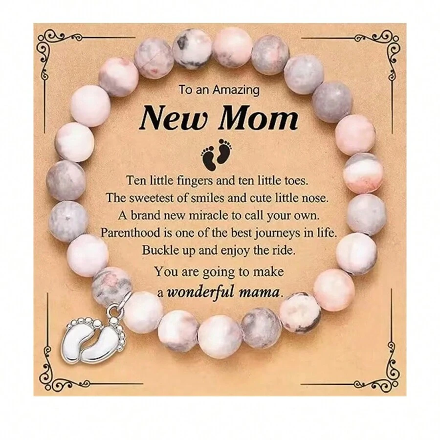 New Mom Inspirational Natural Stone Beaded Bracelet With Footprint Charm - Elegant Mother's Day Gift, Pregnancy Celebration Jewelry