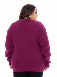 Plus Size Max Knit Cardigan Women's Fang Stitch V Neck Coat - Hot Pink - View 3