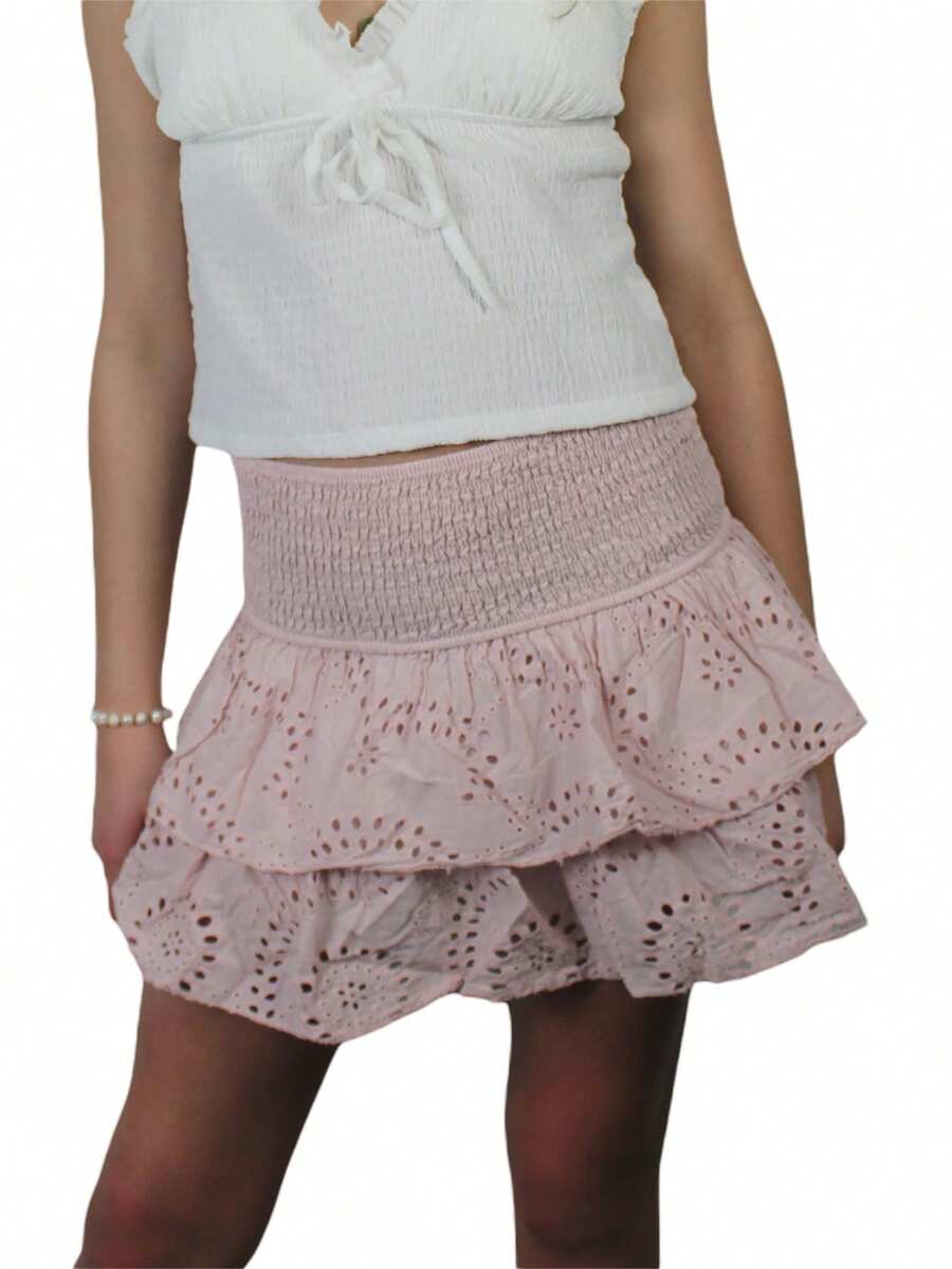 Women's Shirred Mini Skirt A-Line Pointelle High Waist Layered Ruffle Skirt For Summer Party Club - Pink - View 1