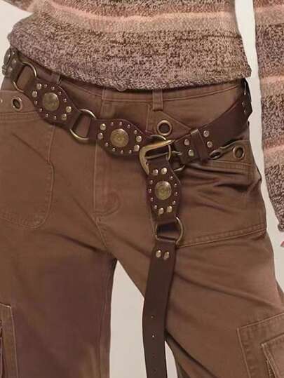 Women's Western Cowgirl Rivet Decorated Vintage Brown Leather Belt, Versatile For Jeans, Ins Style Summer, School Fall, Autumn, Halloween