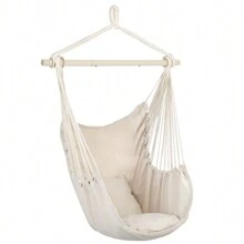 Distinctive Cotton Canvas Hanging Rope Chair With Pillows Beige Hanging Chair, Household Outdoor Hanging, Cotton Rope Cradle, Outdoor Hanging Basket, Yard Swing, Small Hammock